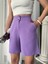 Düğmeli Lila Renk Yüksek Bel Orta Boy Rahat Kumaş Kadın Şort 1