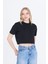 Kadın Siyah Baskısız Yuvarlak Yaka Crop Tişört T-Shirt 1