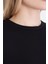 Kadın Siyah Baskısız Yuvarlak Yaka Crop Tişört T-Shirt 3