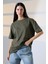 Oversize Bisiklet Yaka %100 Pamuk Penye Kompakt Basic T-Shirt 21752 Haki 3