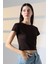 Soft Touch Bisiklet Yaka Kısa Kollu Crop Kesim Basic Düz Kadın T-Shirt 21974 Kahve 2