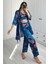 045 Kadın Desenli Saten 3 Lü Pijama Takım Turkuaz 1