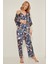 045 Kadın Desenli Saten 3 Lü Pijama Takım Lacivert/oranj 2
