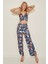 045 Kadın Desenli Saten 3 Lü Pijama Takım Lacivert/oranj 3