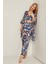 045 Kadın Desenli Saten 3 Lü Pijama Takım Lacivert/oranj 5