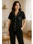 Kadın Siyah Yıldız Baskılı Pamuklu Viskon Pijama Takımı Kısa Kol Üst Uzun Pijama Alt Rahat Homewear 1