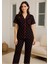 Kadın Siyah Kalpli Pamuklu Viskon Pijama Takımı Kısa Kollu Üst Uzun Pijama Alt Rahat Homewear 1