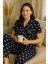 Kadın Lacivert Kalpli Pamuklu Viskon Pijama Takımı Kısa Kollu Üst Uzun Pijama Alt Rahat Homewear 1