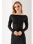 Kadın Kayık Yaka Omzu Büzgü Detaylı Uzun Kollu Bluz Siyah - 2433 2