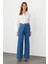 Mavi Önden Çapraz Düğme Detaylı Yüksek Bel Wide Leg Jean 3