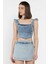 Kadın Omuz Fırfırlı Sırt Fermuarlı Jean Kot Crop Top Bluz P-00016719 2