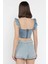 Kadın Omuz Fırfırlı Sırt Fermuarlı Jean Kot Crop Top Bluz P-00016719 3