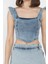 Kadın Omuz Fırfırlı Sırt Fermuarlı Jean Kot Crop Top Bluz P-00016719 4