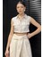 Kadın Çift Cepli Çizgi Desenli Sıfır Kol Keten Crop Top Gömlek P-00016562 2