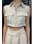 Kadın Çift Cepli Çizgi Desenli Sıfır Kol Keten Crop Top Gömlek P-00016562 4