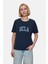 Everlee Lacivert Bisiklet Yaka Taş Yıkama Baskılı Loose Fit Kadın Tshirt 1