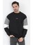Erkek Bisiklet Yaka Sweatshirt Siyah 3 Iplik Kolu Garnili Oversize Pamuk Karışım - 5298 1