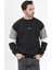 Erkek Bisiklet Yaka Sweatshirt Siyah 3 Iplik Kolu Garnili Oversize Pamuk Karışım - 5298 2