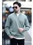 Erkek Dik Yaka Yarım Fermuarlı Dokulu Sweatshirt Haki - 5470 1
