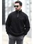 Erkek Oversize Sweatshirt Siyah Dik Yaka Yarım Fermuar Baskılı 3 Iplik Şardonlu - 10010 5