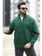 Erkek Kışlık Yarım Fermuarlı Sweatshirt Yeşil 3 Ip Dik Yaka Baskılı Ribanalı - 10011 1