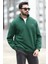 Erkek Kışlık Yarım Fermuarlı Sweatshirt Yeşil 3 Ip Dik Yaka Baskılı Ribanalı - 10011 2