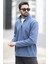Erkek Kışlık Polarlı Sweatshirt Mavi Yarım Fermuarlı Dik Yaka Boğazlı - 6053 1
