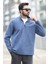 Erkek Kışlık Polarlı Sweatshirt Mavi Yarım Fermuarlı Dik Yaka Boğazlı - 6053 3