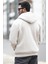Erkek Kapüşonlu Sweatshirt Fermuarlı Bej Çift Cepli 3ip Şardonlu Pamuk Karışımlı Hoodie - 24K5487 3