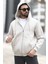 Erkek Kapüşonlu Sweatshirt Fermuarlı Bej Çift Cepli 3ip Şardonlu Pamuk Karışımlı Hoodie - 24K5487 5