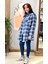 Oversize Geniş Kesim Ince Hafif Kadın Lacivert Ekoseli Tunik Gömlek. 2