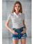 Kadın Polo Yaka Çizgili Pamuklu T-Shirt Beyaz Siyah - 25795 4