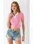 Kadın Polo Yaka Çizgili Pamuklu T-Shirt Pembe Beyaz - 25795 1