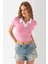 Kadın Polo Yaka Çizgili Pamuklu T-Shirt Pembe Beyaz - 25795 2