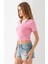 Kadın Polo Yaka Çizgili Pamuklu T-Shirt Pembe Beyaz - 25795 3