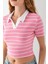 Kadın Polo Yaka Çizgili Pamuklu T-Shirt Pembe Beyaz - 25795 4