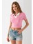 Kadın Polo Yaka Çizgili Pamuklu T-Shirt Pembe Beyaz - 25795 5