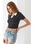 Kadın Polo Yaka Çizgili Pamuklu T-Shirt Siyah Beyaz - 25795 4