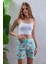 Kadın Beli Lastikli Desenli Şort Pijama Altı Turkuaz - 2027 3