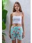 Kadın Beli Lastikli Desenli Şort Pijama Altı Turkuaz - 2027 4