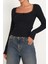 Kadın Siyah Kare Yaka Dantelli Uzun Kollu Crop Top Bluz 5