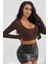 Kadın Kahverengi Uzun Kol Kare Yaka Crop Top Bluz 5