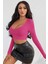 Kadın Fuşya Uzun Kol Kare Yaka Crop Top Bluz 5