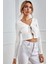 Kadın Beyaz Uzun Kollu Önden Bağlama Detaylı Crop Top Bluz 4