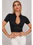 Kadın Siyah Yarım Fermuarlı ve Kısa Kollu Crop Top Bluz 3