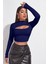 Kadın Lacivert Göğüs Dekolteli Uzun Kollu Cut Out Crop Top Bluz 1
