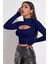 Kadın Lacivert Göğüs Dekolteli Uzun Kollu Cut Out Crop Top Bluz 5