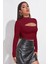 Kadın Bordo Göğüs Dekolteli Uzun Kollu Cut Out Crop Top Bluz 4