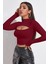 Kadın Bordo Göğüs Dekolteli Uzun Kollu Cut Out Crop Top Bluz 5