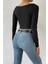 Kadın Siyah Uzun Kol Göğüs Dekolteli Şık Crop Top Bluz 2